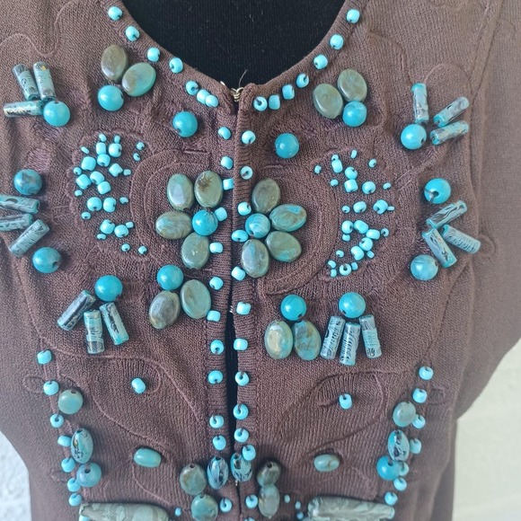 Dolce Cabo Womens M Dark Brown Turquoise Beaded Embellished Sleeveless Top 5708 - Picture 7 of 8